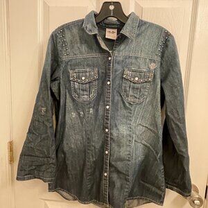 Harley Davidson Denim Pearl Snap Button Down Sleeve Tab Embroidery Shirt Size S